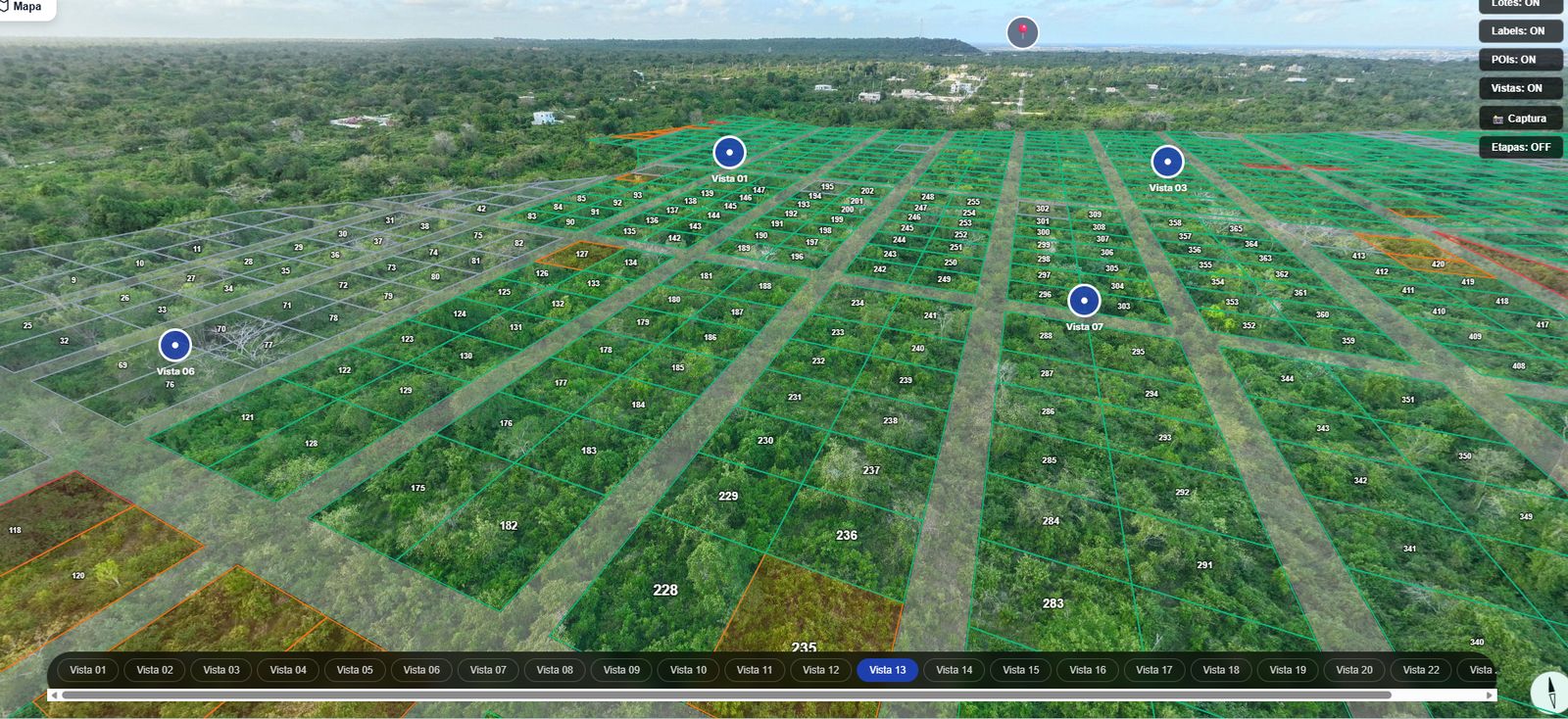 Visor 3D de lotes sobre imagen aérea real del terreno